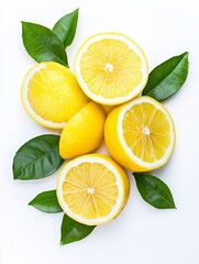 Fresh Lemons with Green Leaves - Juicy yellow lemons sliced and whole, surrounded by vibrant green leaves, on a white background. Perfect for recipes, health, and summer themes