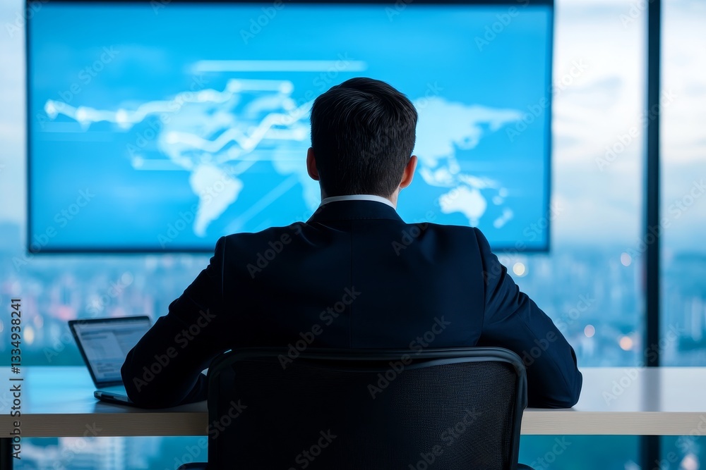 Aufkleber global business strategy review - a businessman sits in a modern office, reviewing global business d
