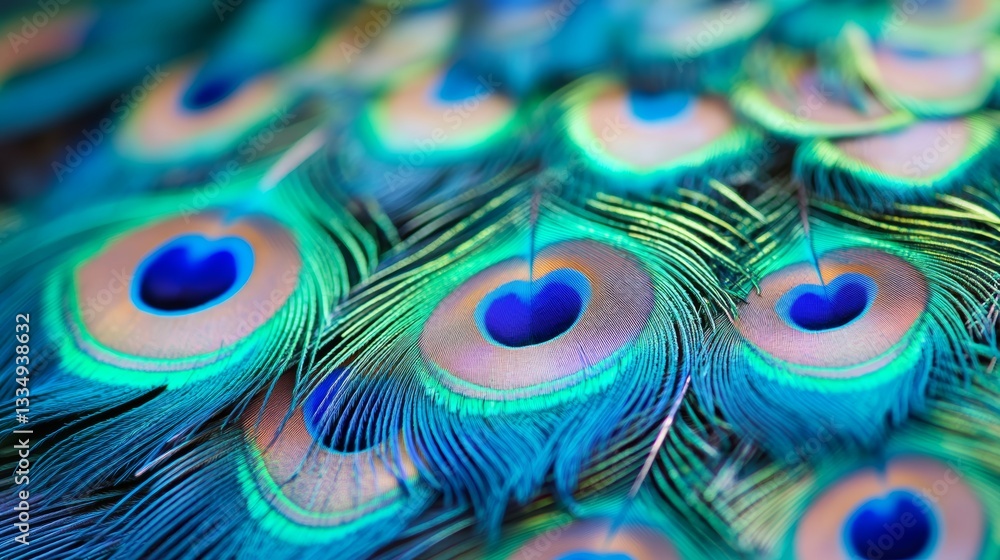Poster vibrant peacock feather display showcasing intricate patterns, luminous colors, and delicate details