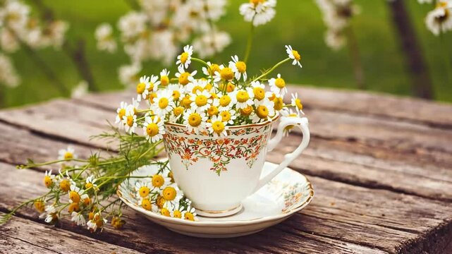 White cup filled with chamomile flowers on wooden table against park with blooming trees in spring