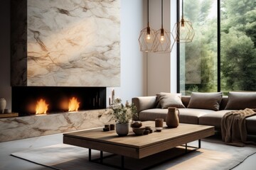 Living Room. Modern Illuminated Living Room Interior, Sleek and Stylish Design with Contemporary Furnishings and Bright Lighting, Home Decor Concept with Copy Space. Real Estate Concept. Hotel Concept