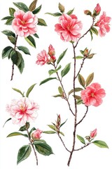 A collection of evergreen flowers, including azaleas and camellias, isolated perfectly for natural or botanical-themed design concepts.
