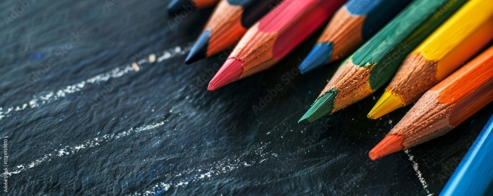 Poster vibrant row of sharpened colored pencils arranged diagonally on a dark textured surface with chalk m