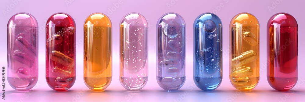 Poster vibrant row of translucent capsules filled with colorful liquids and textured substances on a soft p