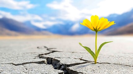 Single yellow flower growing from cracked earth.