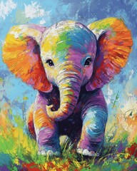 Obraz premium Vibrant rendition of a baby elephant in a field, using a colorful and expressive palette knife technique to create texture.
