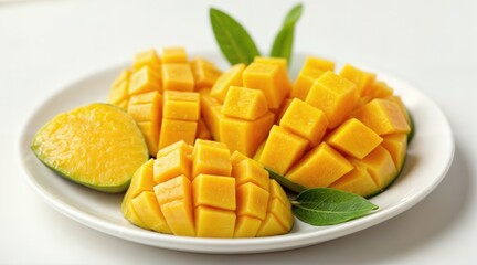 Fresh ripe mango sliced into cubes and wedges on a white ceramic plate, tropical fruit with vibrant yellow flesh, minimalistic food presentation, healthy exotic snack on a light background	