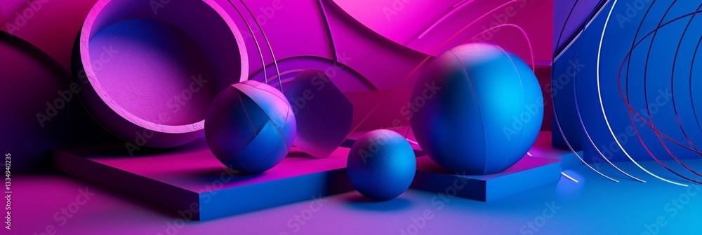 Poster vibrant three dimensional abstract composition featuring smooth blue spheres and pink geometric shap