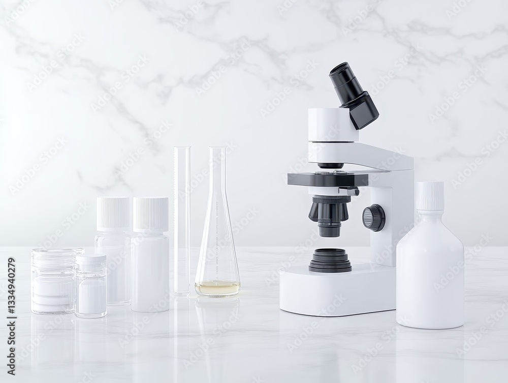 Poster modern laboratory setup featuring a microscope and glassware on marble surface