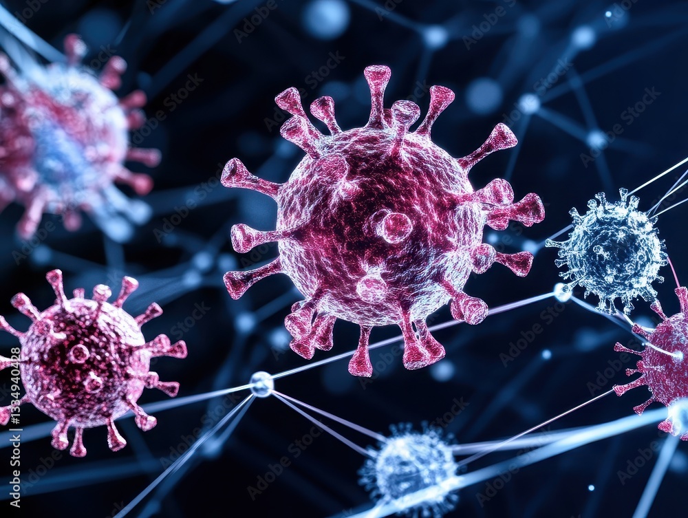 Aufkleber microscopic view of virus particles interacting with cells in a digital network