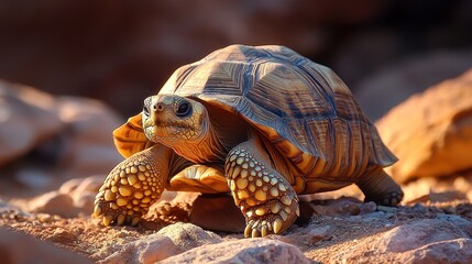 Obraz premium Desert tortoise in sunlight, rocky terrain, wildlife, natural habitat