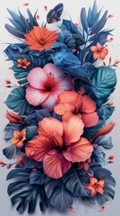 Vibrant tropical floral arrangement featuring hibiscus flowers, monstera leaves, a small bird, and a butterfly in shades of blue and coral.