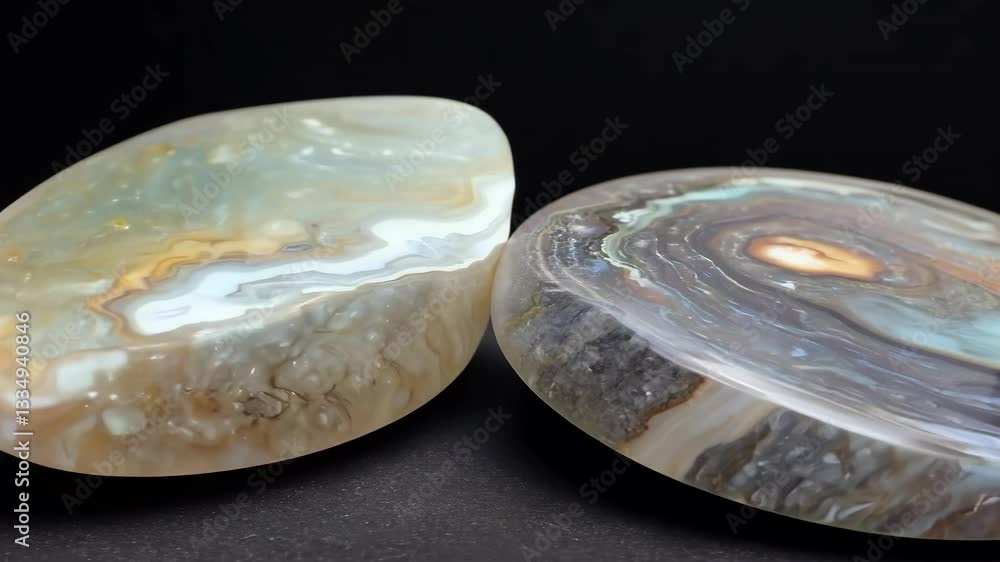 Poster two polished persian agate stones with unique patterns and colors, showcasing natural beauty and tra