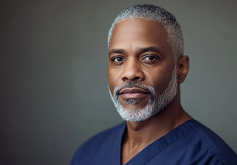 Fototapeta premium An African American male nurse dressed in navy scrubs presents a confident expression while looking directly at the viewer in a clinical environment, showcasing his professionalism and dedication