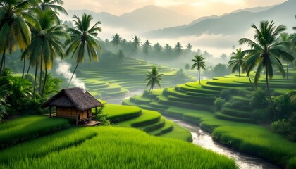 Obraz premium Scenic Tropical Rice Fields with Palm Trees and Morning Light