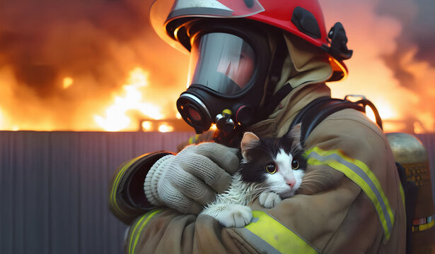 Ein Feuerwehrmann tr&auml;gt eine Katze aus einem brennenden Geb&auml;ude