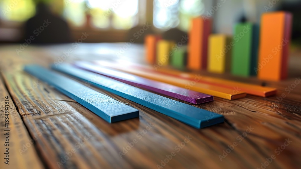 Poster vibrant wooden bar chart illustrating business growth and financial data analysis on rustic wooden t