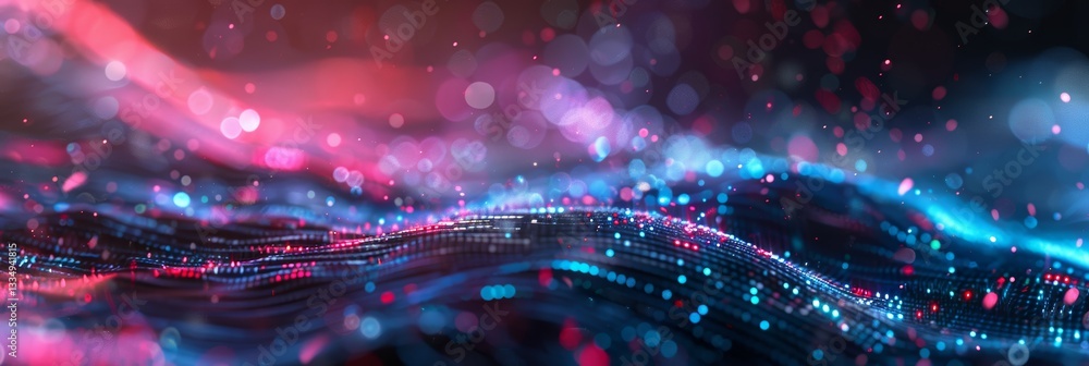 Poster vibrant waves of digital data streams flowing in a mesmerizing abstract landscape with glowing parti
