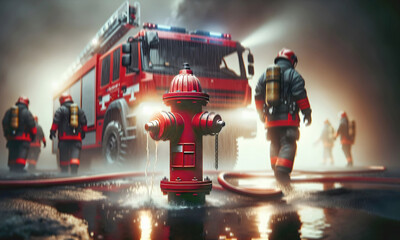 Fototapeta premium Ein roter Wasserhydrant für die Brandbekämpfung und ein Feuerwehrauto im Einsatz