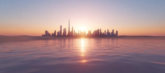 City skyline silhouette reflects on water at sunset or sunrise