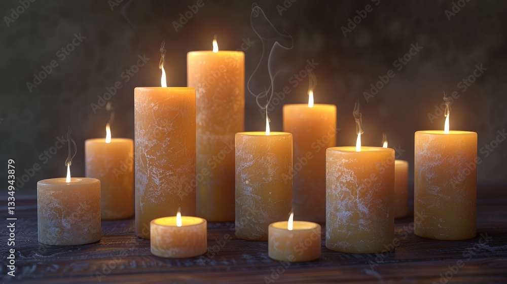 Poster warm and evocative ambiance created by the soft glow of multiple beeswax candles illuminating a rust