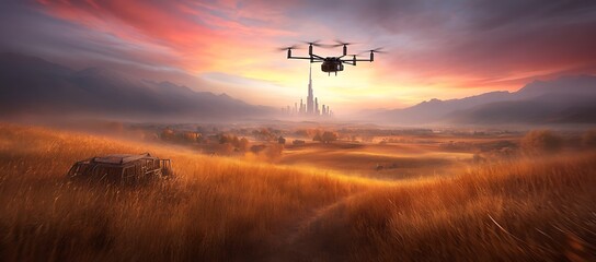 Drone flying over field toward distant cityscape at sunset