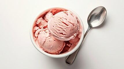 A top-down view of an ice cream cup and scoop, perfectly isolated on a white background. 