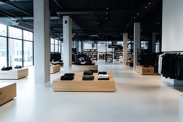 Modern retail store displaying various clothing items on displays