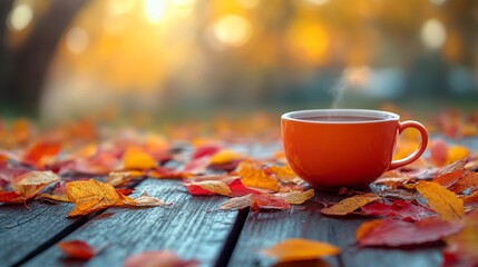 Warm autumnal beverage in an orange mug with rising steam, resting on a wooden table strewn with fallen leaves at sunset