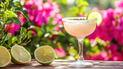 Refreshing Margarita Cocktail with Lime Garnish on Wooden Table Surrounded by Vibrant Bougainvillea Flowers in a Sunny Outdoor Setting