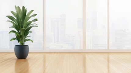 Fototapeta premium Modern Minimalist Room with Plant - A single plant in a dark gray pot sits on light wood floors in front of a large window with a blurred city view