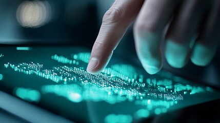Close-up of a hand using a touchscreen, sleek modern device displaying vibrant digital interface for technology themes.