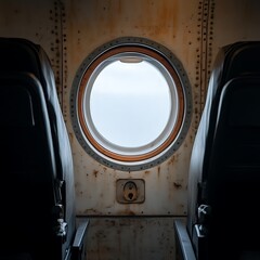 Plane window view, seats, rusty interior