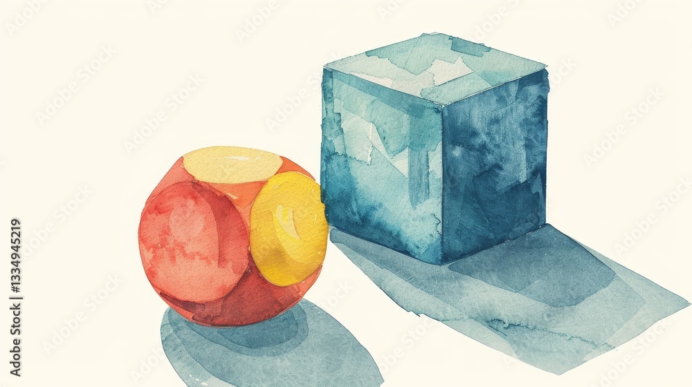 Poster watercolor composition showing a multicolored sphere made of disks and a blue cube casting shadows i