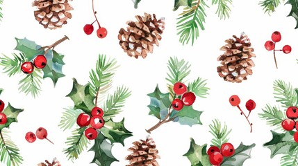 Fototapeta premium Watercolor Festive Seamless Pattern with Pinecones, Holly Branches, and Berries, Perfect for Holiday Decor and Winter Celebrations Design
