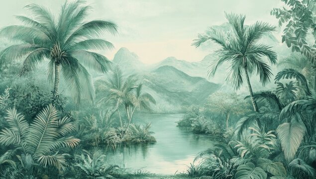 Serene tropical landscape, painted in muted teal and green tones, featuring lush palm trees, dense foliage, and a tranquil river winding through a mountainous backdrop - Powered by Adobe