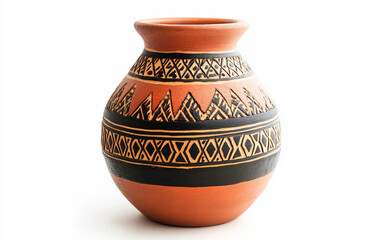 A Rustic Clay Pot Featuring Indigenous Torres Strait Islander Artwork Isolated on transparent background. Isolated on transparent background.