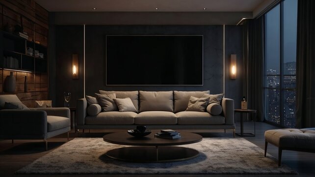 cozy room with sofa ,light and kami on front evening windows ,urban city life modern design
