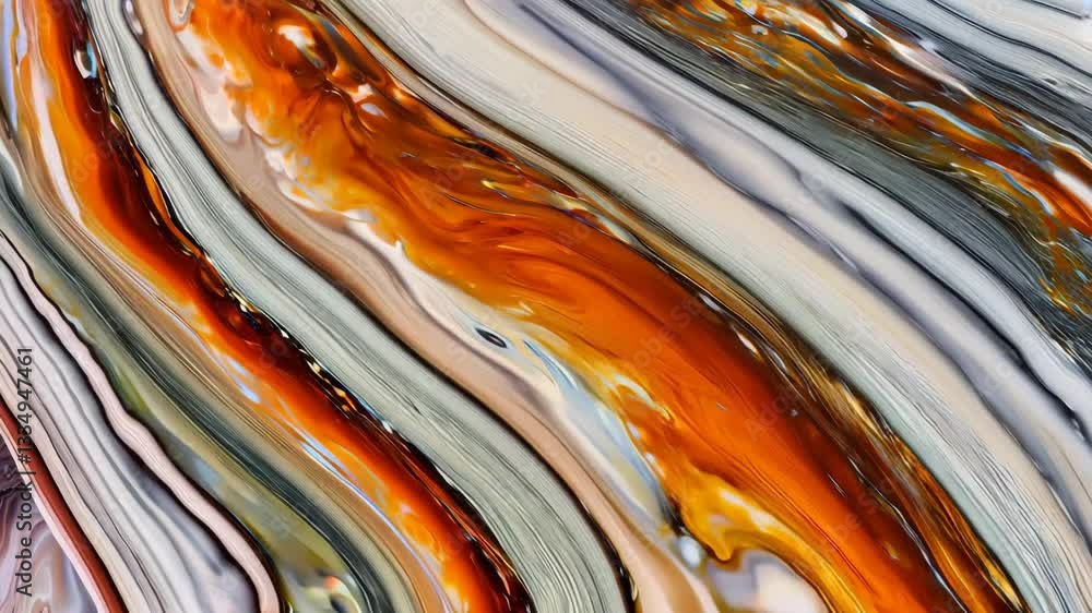 Poster an abstract close-up of persian agate fluid art showcasing vibrant swirls of orange, white, and gray