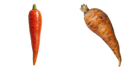 Two carrots with distinct shapes and colors, one orange and slender, the other brownish and bulbous.