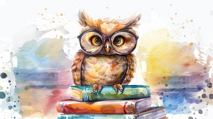 Watercolor illustration of an owl with glasses perched on a stack of books, symbolizing education and wisdom with a colorful artistic background.
