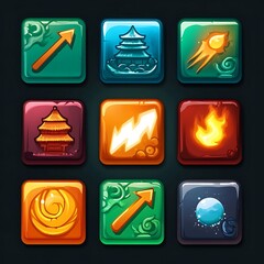 Nine colorful and square icons depicting various abstract symbols and shapes