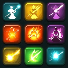 Stylized game interface icons showcasing characters and elemental effects