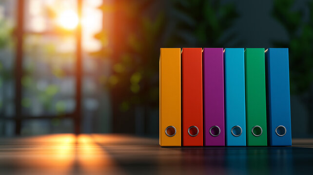 Colorful ring bound boxes stand in row, illuminated by warm sunlight. vibrant colors create cheerful atmosphere, perfect for organizing documents