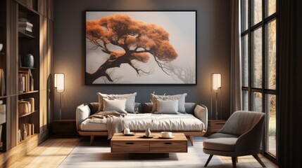 Living Room. Modern Illuminated Living Room Interior, Sleek and Stylish Design with Contemporary Furnishings and Bright Lighting, Home Decor Concept with Copy Space. Real Estate Concept. Hotel Concept