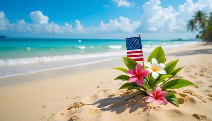 American flag with tropical flowers on a sandy beach representing patriotism and summer vacation