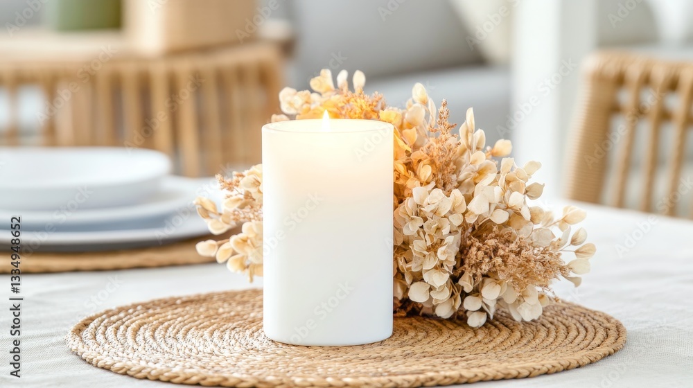 Poster serene candlelight table setting - a white candle illuminates a simple, elegant table setting with d