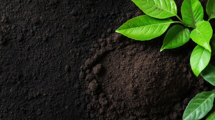 Fresh green leaves rest on dark, rich soil, highlighting the connection between plant life and earth, Ideal for gardening, agriculture, or sustainable living projects,