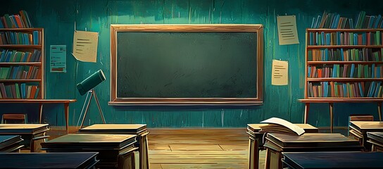 An artistic rendering of a classroom with a large blackboard