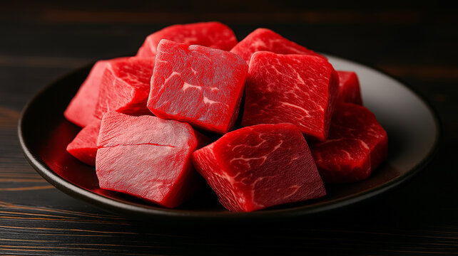 Fresh, high quality beef cubes arranged on black plate, showcasing vibrant red color and marbling. Perfect for grilling or stewing, this meat is ideal for culinary enthusiasts
